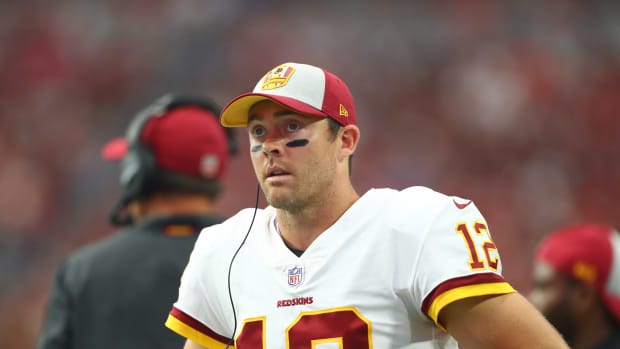 Sep 9, 2018; Glendale, AZ, USA; Washington Redskins quarterback Colt McCoy (12) against the Arizona Cardinals at State Farm Stadium