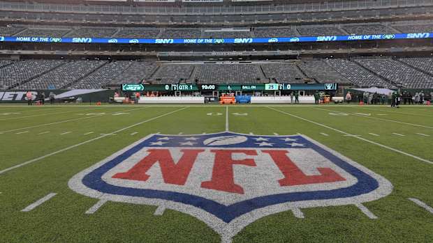 Nov 24, 2019; East Rutherford, NJ, USA; General overall view of the NFL shield logo at midfield at MetLife Stadium. The Jets defeated the Raiders 34-3.