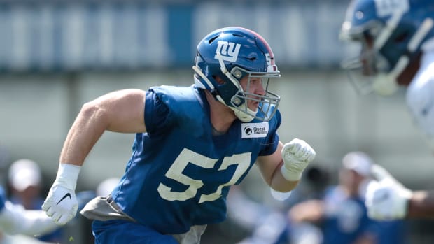 Jul 25, 2019; East Rutherford, NJ, USA; New York Giants inside linebacker Ryan Connelly (57) participates in drills during the first day of training camp at Quest Diagnostics Training Center.