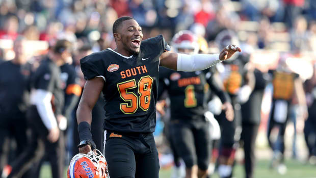 Jan 25, 2020; Mobile, AL, USA; South defensive lineman Jonathan Greenard of Florida (58) gestures in the second half of the 2020 Senior Bowl college football game at Ladd-Peebles Stadium.