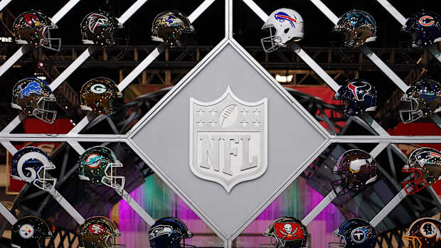Jan 27, 2020; Miami, Florida; USA; General overall view of the NFL Shield logo and helmets at the NFL Experience at the Miami Beach Convention Center.