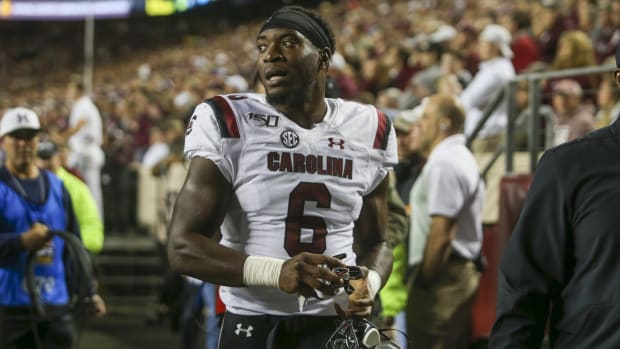 Nov 16, 2019; College Station, TX, USA; South Carolina Gamecocks linebacker T.J. Brunson (6) leaves the field after being ejected for a targeting call during the first quarter against the Texas A&M Aggies at Kyle Field.