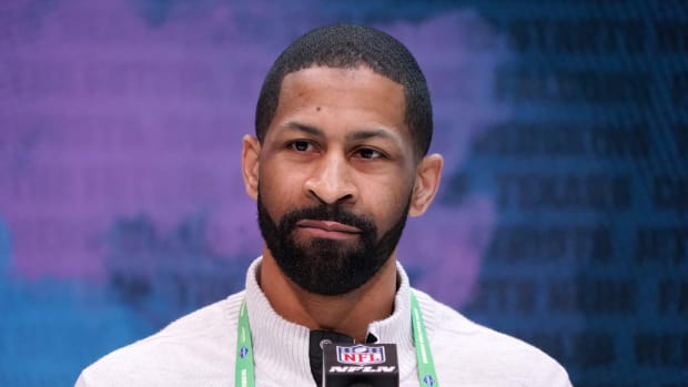 Feb 25, 2020; Indianapolis, Indiana, USA; Cleveland Browns general manager Andrew Berry speaks during the NFL Scouting Combine at the Indiana Convention Center. Mandatory Credit: Kirby Lee-USA TODAY Sports