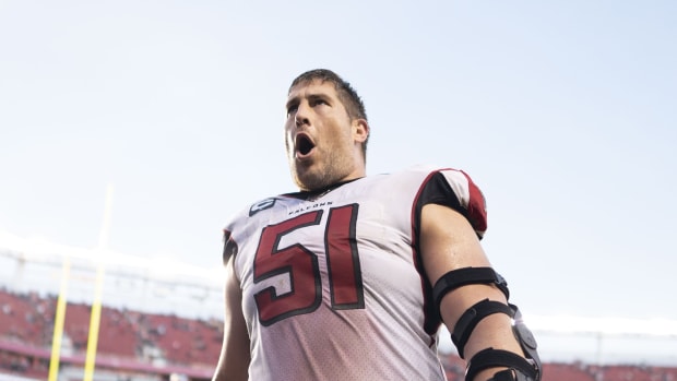 December 15, 2019; Santa Clara, CA, USA; Atlanta Falcons center Alex Mack (51) celebrates after the game against the San Francisco 49ers at Levi's Stadium. Mandatory Credit: Kyle Terada-USA TODAY Sports
