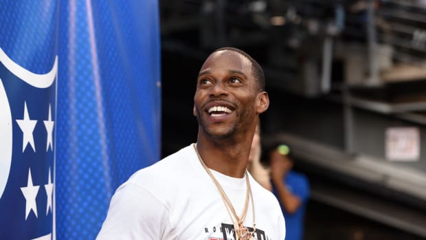 Former New York Giant Victor Cruz talks to fans on the sideline. The New York Jets face the New York Giants in the first preseason game at MetLife Stadium on Thursday, August 8, 2019, in East Rutherford.