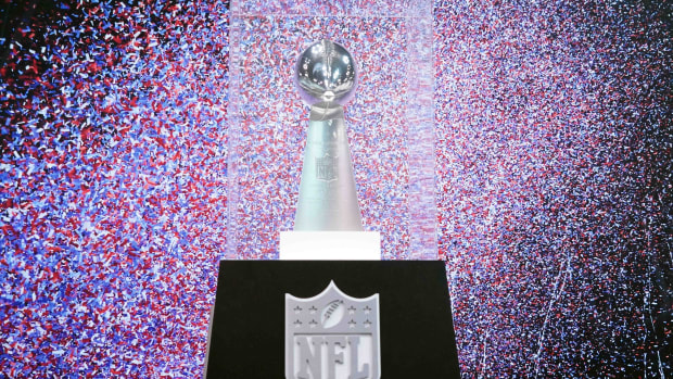 Feb 26, 2020; Indianapolis, Indiana, USA; Detailed view of the Super XLI Vince Lombardi Trophy to commemorate the Indianapolis Colts 29-17 victory over the Chicago Bears on Feb 4, 2007 at Dolphin Stadium in Miami Gardens, Fla. Mandatory Credit: Kirby Lee-USA TODAY Sports