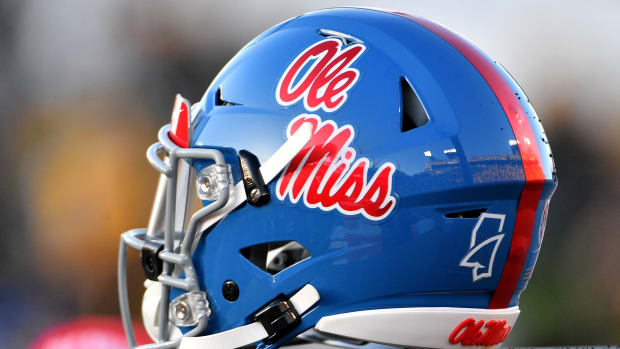 A general view of a Mississippi Rebels helmet during the game against the Missouri Tigers at Memorial Stadium/Faurot Field. Mandatory Credit: Denny Medley-USA TODAY Sports