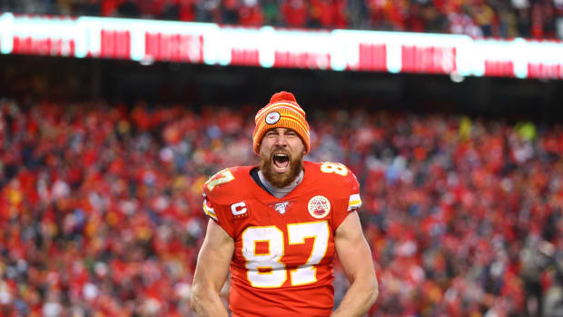 Jan 19, 2020; Kansas City, Missouri, USA; Kansas City Chiefs tight end Travis Kelce (87) celebrates against the Tennessee Titans in the AFC Championship Game at Arrowhead Stadium. Mandatory Credit: Mark J. Rebilas-USA TODAY Sports