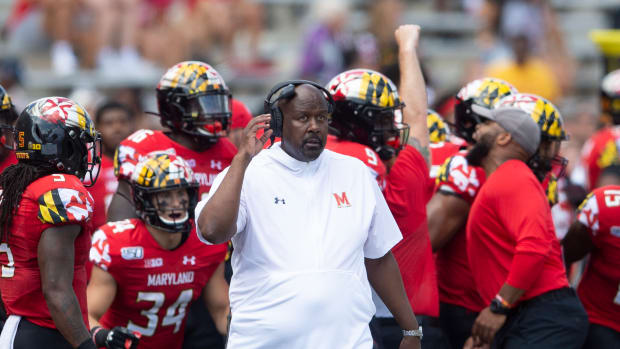 Sep 7, 2019; College Park, MD, USA; Maryland Terrapins head coach Michael Locksley looks onto the field during the second quarter against the Syracuse Orange at Capital One Field at Maryland Stadium. Mandatory Credit: Tommy Gilligan-USA TODAY Sports