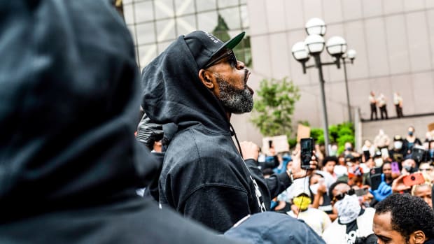 Stephen Jackson speaks at a protest in response to the police killing of George Floyd