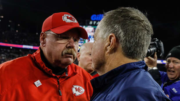 Oct 14, 2018; Foxborough, MA, USA; Kansas City Chiefs head coach Andy Reid meets New England Patriots head coach Bill Belichick on the field after the game at Gillette Stadium. The Patriots defeated Kansas City 43-40. Mandatory Credit: David Butler II-USA TODAY Sports