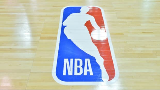 A general view of the NBA logo painted on a court.