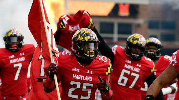 Oct 27, 2018; College Park, MD, USA; Maryland Terrapins defensive back Antoine Brooks Jr. (25) leads his teammates on the field before the game against the Illinois Fighting Illini at Capital One Field at Maryland Stadium. Mandatory Credit: Tommy Gilligan-USA TODAY Sports