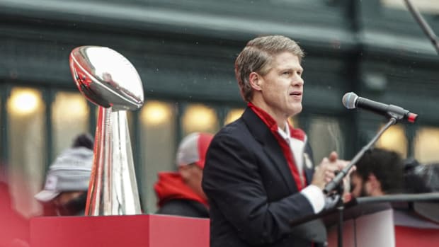 Feb 5, 2020; Kansas City, Missouri, USA; Kansas City Chiefs chairman Clark Hunt speaks to the crowd during the Super Bowl LIV championship rally. Mandatory Credit: Jay Biggerstaff-USA TODAY Sports