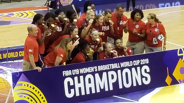 USA Basketball celebrates a U-19 gold medal victory over Australia in the 2019 FIBA World Cup.