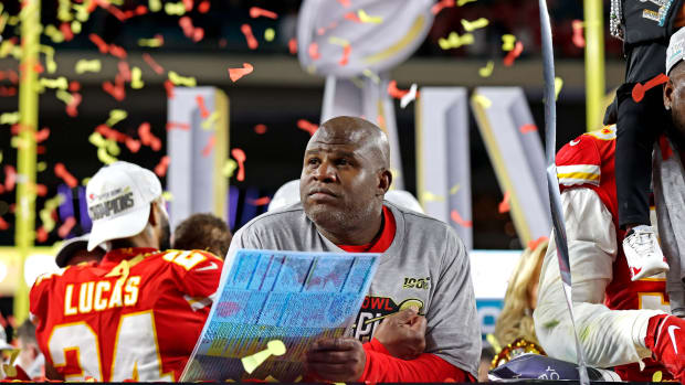 Feb 2, 2020; Miami Gardens, Florida, USA; Kansas City Chiefs offensive coordinator Eric Bieniemy reacts after beating the San Francisco 49ers in Super Bowl LIV at Hard Rock Stadium. Mandatory Credit: Matthew Emmons-USA TODAY Sports