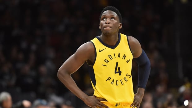 Indiana Pacers guard Victor Oladipo looks up at the scoreboard during a game against the Cleveland Cavaliers at Rocket Mortgage FieldHouse.