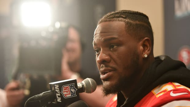 Jan 28, 2020; Miami, Florida, USA; Kansas City Chiefs defensive end Frank Clark (55) speaks with the media at the JW Marriott Turnberry. Mandatory Credit: Jasen Vinlove-USA TODAY Sports