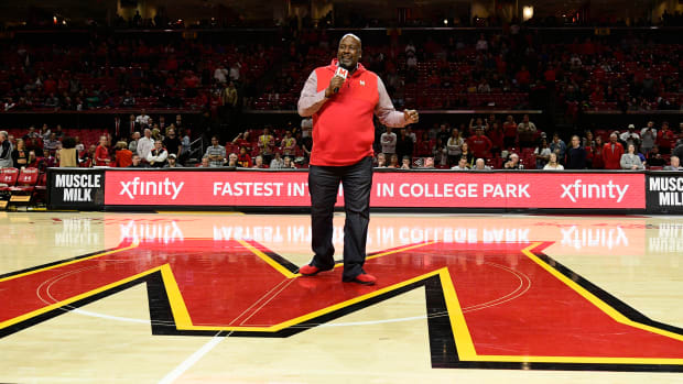 Dec 11, 2018; College Park, MD, USA; Maryland Terrapins head football coach Mike Locksley speaks to the crowd during half time of the men's basketball game against the Loyola (Md) Greyhounds at XFINITY Center. Mandatory Credit: Tommy Gilligan-USA TODAY Sports