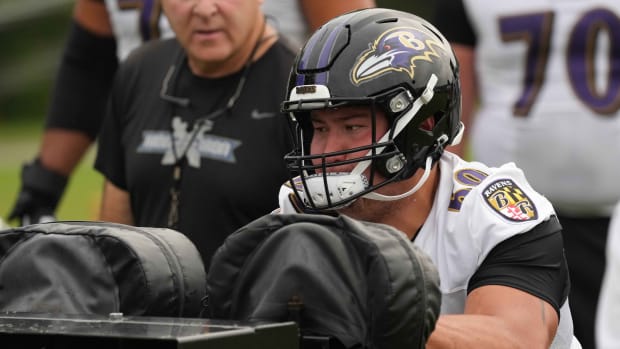 Jul 29, 2021; Owings Mills, MD, USA; Baltimore Ravens tackle Foster Sarell (69) practices blocking at the Under Amour Performance Center.