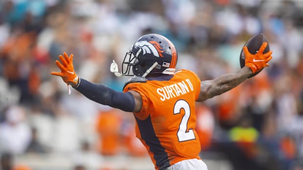 Denver Broncos cornerback Pat Surtain II (2) celebrates an interception against the Jacksonville Jaguars at TIAA Bank Field.
