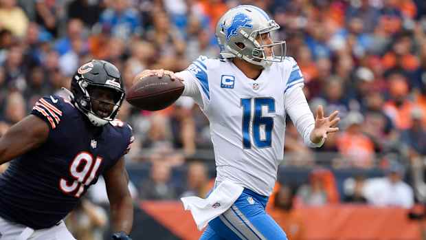 Jared Goff attempts a pass for the Lions.