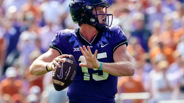 Oct 2, 2021; Fort Worth, Texas, USA; TCU Horned Frogs quarterback Max Duggan (15) throws during the second quarter against the Texas Longhorns at Amon G. Carter Stadium. Mandatory Credit: Kevin Jairaj-USA TODAY Sports