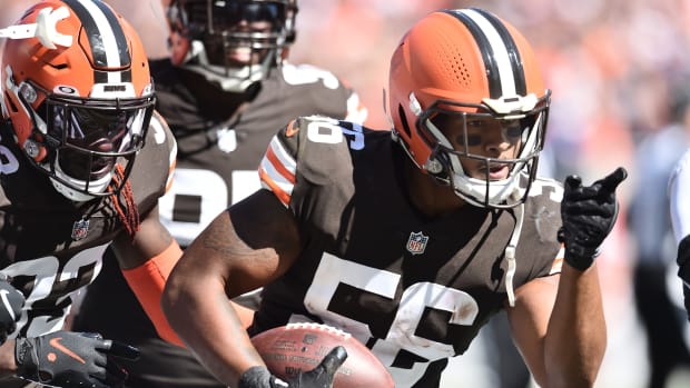 Sep 19, 2021; Cleveland, Ohio, USA; Cleveland Browns linebacker Malcolm Smith (56) celebrates after he intercepted a pass against the Houston Texans during the second half at FirstEnergy Stadium. Mandatory Credit: Ken Blaze-USA TODAY Sports