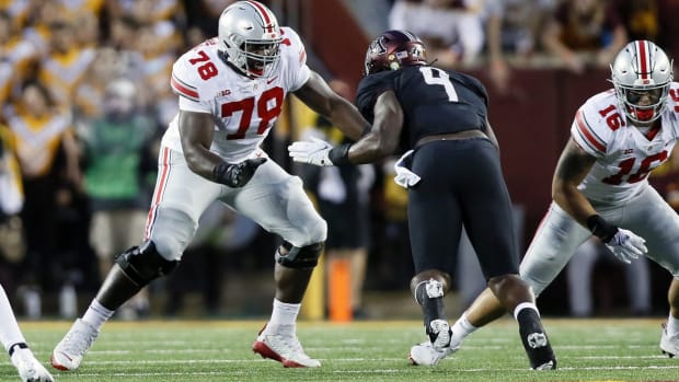 Nicholas Petit-Frere (78) has grown from 265 pounds as a freshman to 315 as a junior and this season has moved from right tackle to left tackle.