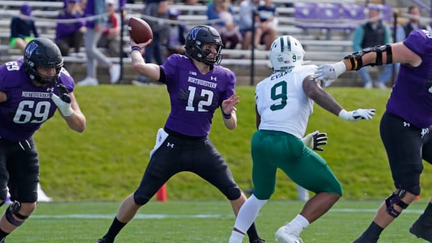 Sep 25, 2021; Evanston, Illinois, USA;Northwestern Wildcats quarterback Ryan Hilinski (12) passes against the Ohio Bobcats during the second half at Ryan Field. Mandatory Credit: David Banks-USA TODAY Sports