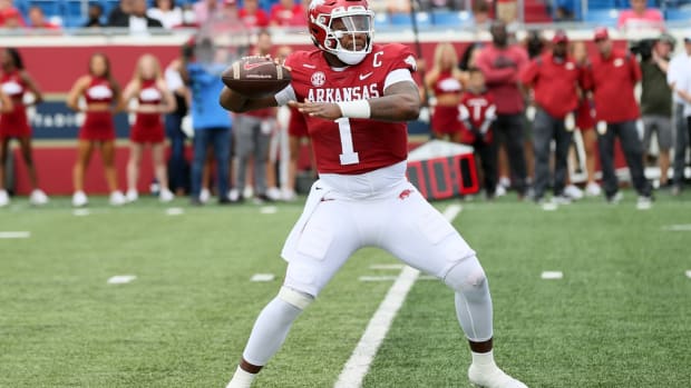 Oct 23, 2021; Little Rock, Arkansas, USA; Arkansas Razorbacks quarterback KJ Jefferson (1) looks to pass during the first quarter against the Arkansas Pine Bluff Golden Lions at War Memorial Stadium. Mandatory Credit: Nelson Chenault-USA TODAY Sports