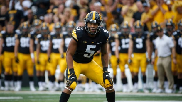 Iowa sophomore linebacker Jestin Jacobs waits for the snap in the second quarter against Penn State at Kinnick Stadium in Iowa City, Iowa, on Saturday, Oct. 9, 2021.