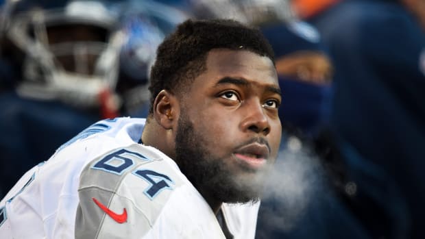 Tennessee Titans offensive guard Nate Davis (64) sits on the bench during the fourth quarter of the AFC Championship game against the Kansas City Chiefs at Arrowhead Stadium Sunday, Jan. 19, 2020 in Kansas City, Mo.