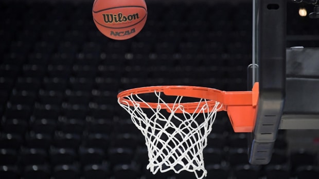 Mar 20, 2019; Salt Lake City, UT, USA; General overall view of a basketball approaching the rim and net before the first round of the 2019 NCAA Tournament at Vivint Smart Home Arena. Mandatory Credit: Kirby Lee-USA TODAY Sports