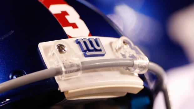 Aug 14, 2015; Cincinnati, OH, USA; A detailed view of a New York Giants logo on the helmet during the game against the Cincinnati Bengals in a preseason NFL football game at Paul Brown Stadium. The Bengals won 23-10.