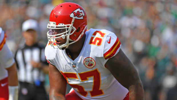 Oct 3, 2021; Philadelphia, Pennsylvania, USA; Kansas City Chiefs offensive tackle Orlando Brown (57) against the Philadelphia Eagles at Lincoln Financial Field. Mandatory Credit: Eric Hartline-USA TODAY Sports