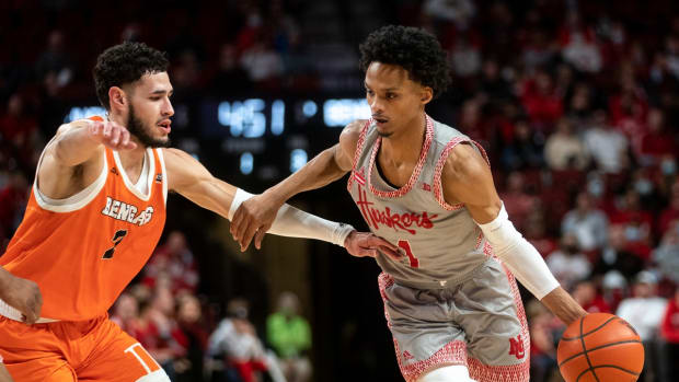 Nov 19, 2021; Lincoln, Nebraska, USA; Nebraska Cornhuskers guard Alonzo Verge Jr. (1) drives against Idaho State Bengals guard Tarik Cool (2) during the first half at Pinnacle Bank Arena. Mandatory Credit: Dylan Widger-USA TODAY Sports