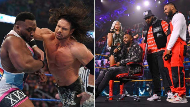 Left: John Morrison strikes Big E in the ring | Right: Hit Row in the ring as Isaiah "Swerve" Scott delivers a promo