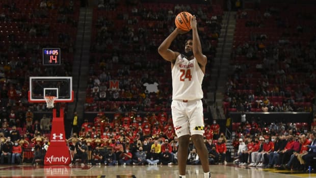 Nov 17, 2021; College Park, Maryland, USA; Maryland Terrapins forward Donta Scott (24) shoots during the second half against the George Mason Patriots at Xfinity Center. Mandatory Credit: Tommy Gilligan-USA TODAY Sports