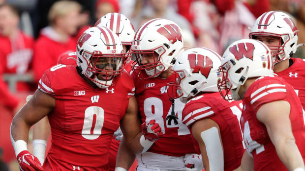 Wisconsin Badgers running back Braelon Allen (0) celebrates scoring a 71-yard touchdown run in the first quarter against Nebraska during their football game Saturday, November 20, 2021, at Camp Randall in Madison, Wis. Dan Powers/USA TODAY NETWORK-Wisconsin

Apc Wiscvsnebraskafb 1120210262djpb