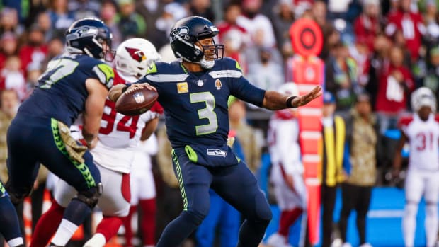 NFL: Arizona Cardinals at Seattle Seahawks  ov 21, 2021; Seattle, Washington, USA; Seattle Seahawks quarterback Russell Wilson (3) passes against the Arizona Cardinals during the fourth quarter at Lumen Field.