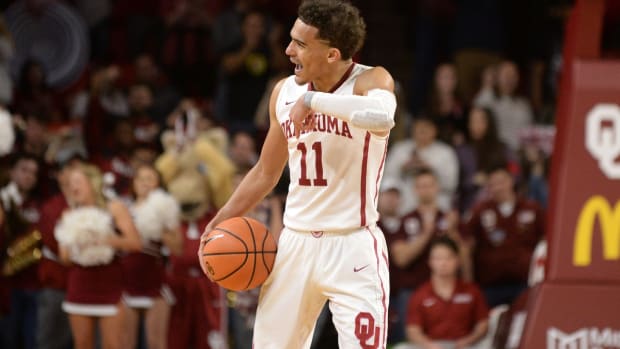 Feb 24, 2018; Norman, OK, USA; Oklahoma Sooners guard Trae Young (11) reacts after a play against the Kansas State Wildcats during the second half at Lloyd Noble Center. Mandatory Credit: Mark D. Smith-USA TODAY Sports
