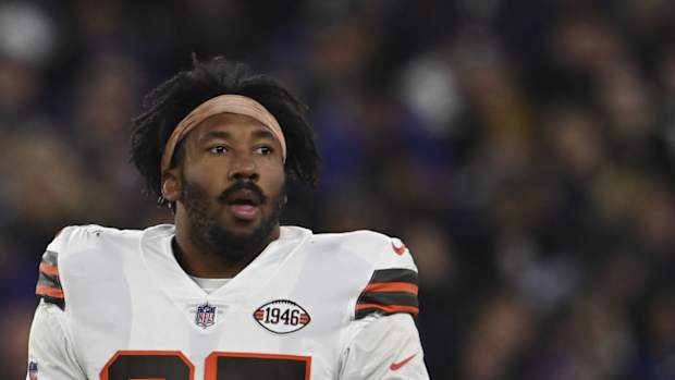 Nov 28, 2021; Baltimore, Maryland, USA; Cleveland Browns defensive end Myles Garrett (95) looks to the bench during the game against the Baltimore Ravens at M&T Bank Stadium. Mandatory Credit: Tommy Gilligan-USA TODAY Sports