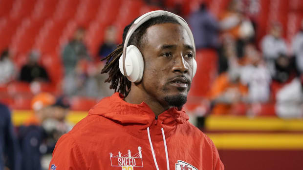 Dec 5, 2021; Kansas City, Missouri, USA; Kansas City Chiefs cornerback L'Jarius Sneed (38) warms up against the Denver Broncos before the game at GEHA Field at Arrowhead Stadium. Mandatory Credit: Denny Medley-USA TODAY Sports