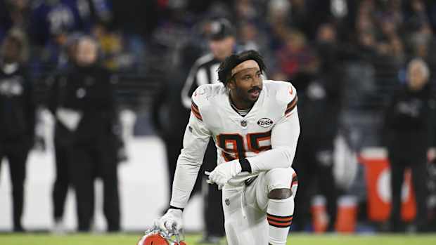 Nov 28, 2021; Baltimore, Maryland, USA; Cleveland Browns defensive end Myles Garrett (95) looks to the bench during the game against the Baltimore Ravens at M&T Bank Stadium. Mandatory Credit: Tommy Gilligan-USA TODAY Sports