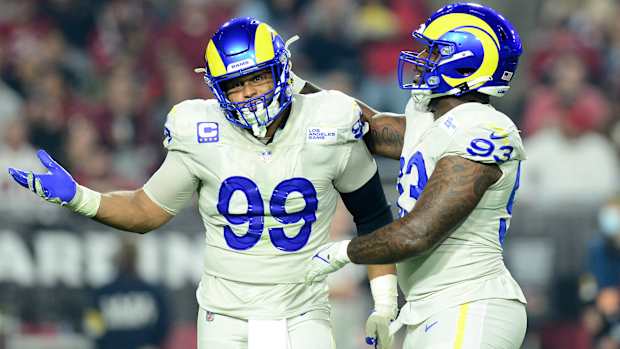 Aaron Donald gestures after sacking Kyler Murray on Monday Night Football
