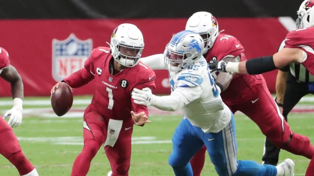 Arizona Cardinals quarterback Kyler Murray (1) is brought down by Detroit Lions defensive end Romeo Okwara (95) during the third quarter at State Farm Stadium Sept. 27, 2020.

Lions Vs Cardinals