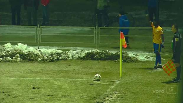 Comical goalkeeper error in the snow