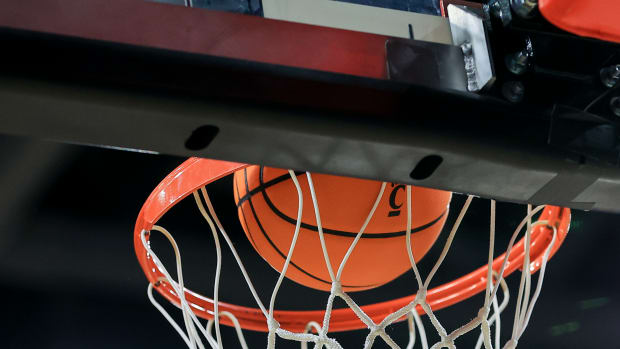 Dec 21, 2021; Cincinnati, Ohio, USA; A view of the Cincinnati logo on the game ball during a free throw attempt between the Tennessee Tech Golden Eagles and the Cincinnati Bearcats at Fifth Third Arena. Mandatory Credit: Aaron Doster-USA TODAY Sports