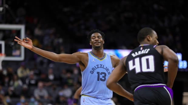 Dec 26, 2021; Sacramento, California, USA; Memphis Grizzlies forward Jaren Jackson Jr. (13) celebrates after a basket during the fourth quarter Sacramento Kings at Golden 1 Center. Mandatory Credit: Sergio Estrada-USA TODAY Sports
